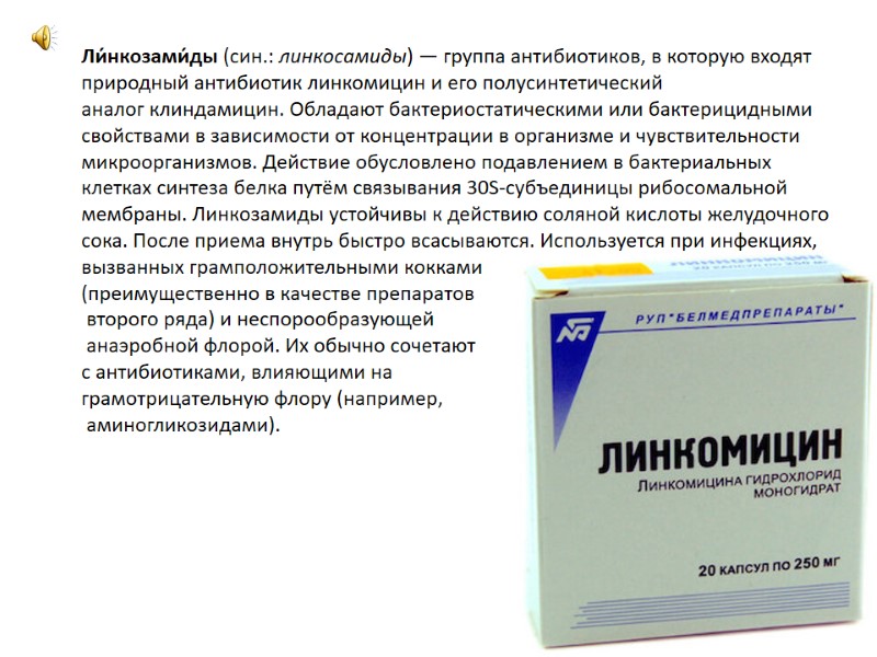 Ли́нкозами́ды (син.: линкосамиды) — группа антибиотиков, в которую входят природный антибиотик линкомицин и его
